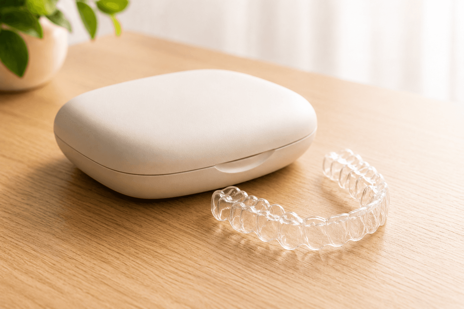 A clear aligner tray resting beside its case